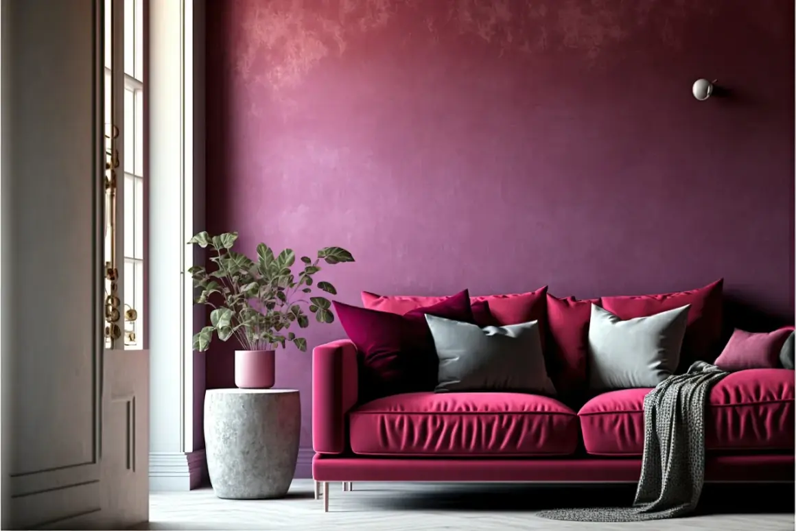Divano fucsia acceso con cuscini in varie tonalità di rosa e grigio, su sfondo murale viva magenta.