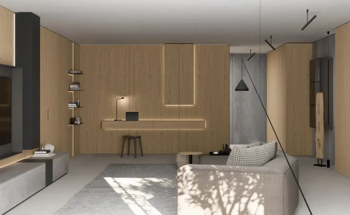 Moderna zona giorno con pannelli in legno e illuminazione integrata, perfette idee per dividere zona giorno da zona notte.