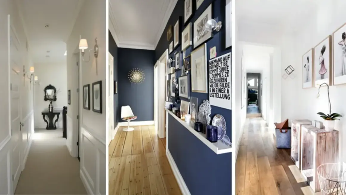 Idee per un corridoio stretto: tre stili diversi, da quello classico con specchio a quello moderno con galleria d'arte e minimalista con stampe.
