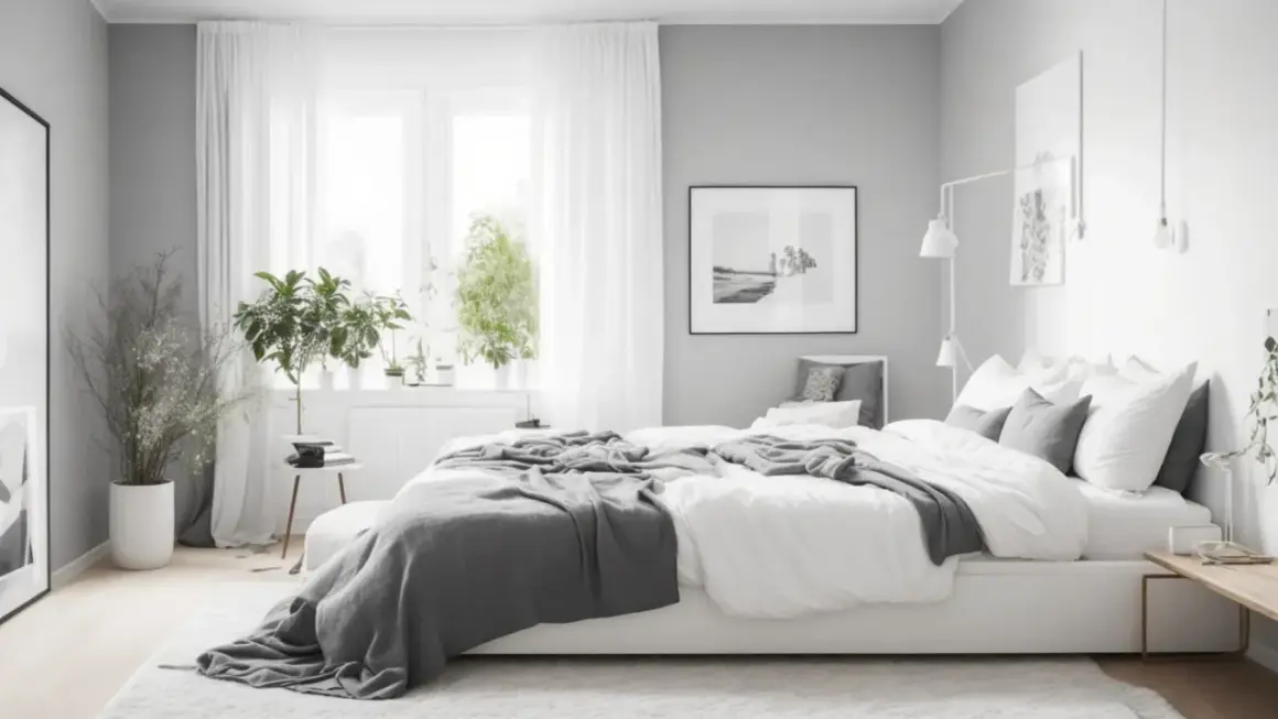 Camera da letto in stile minimalista, con letto bianco, coperte grigie e piante verdi. Un'oasi di pace che rispetta i principi del feng shui.