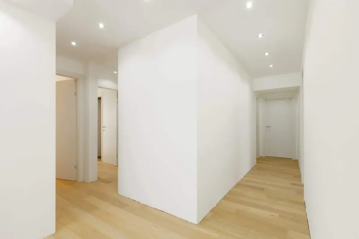 Un moderno ingresso con un divisorio in cartongesso che crea un'elegante separazione. Le idee per l'ingresso sono valorizzate dal design pulito e dai pavimenti in legno chiaro.