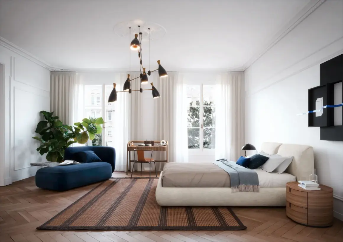 Elegante camera da letto con divanetto blu, letto moderno e scrivania. Idee originali per un ambiente sofisticato e accogliente.
