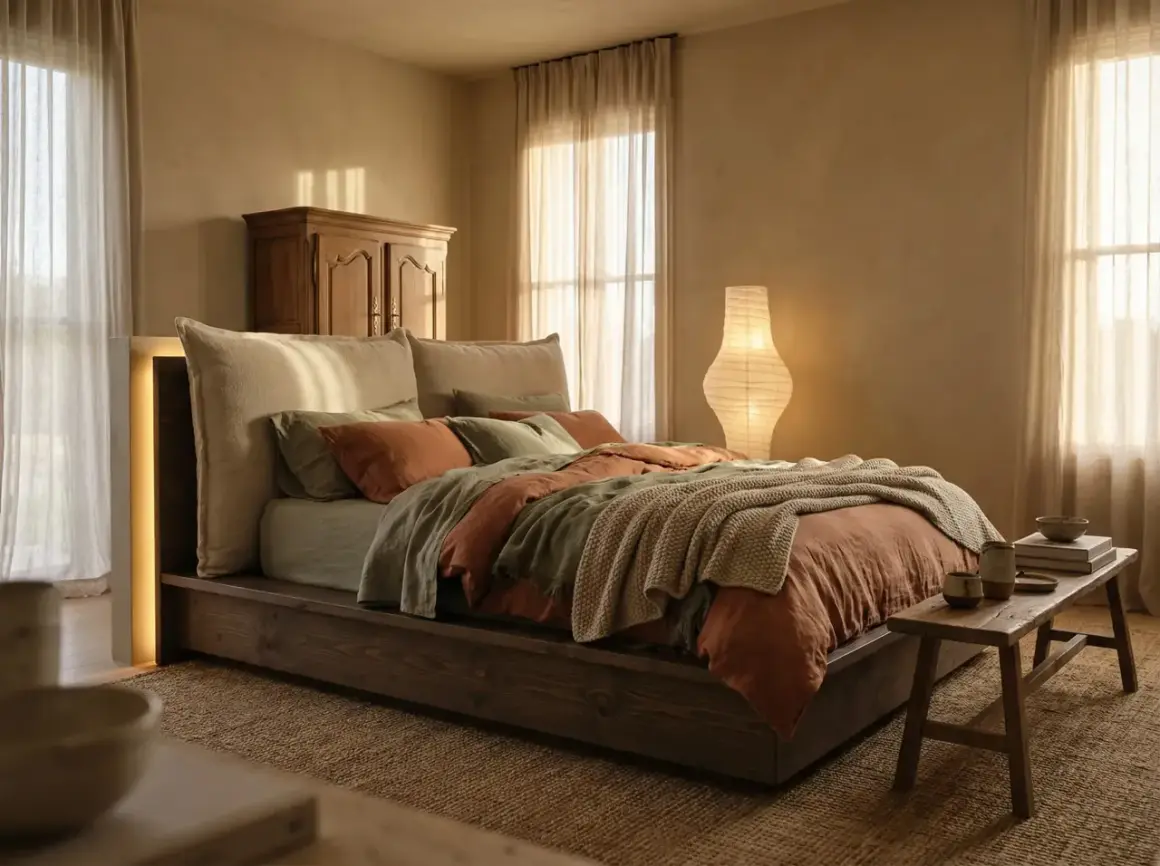 Camera da letto mix antico e moderno: letto basso in legno scuro, testiera imbottita, lenzuola color terra e verde salvia, coperta in maglia, armadio antico, lampada di carta.