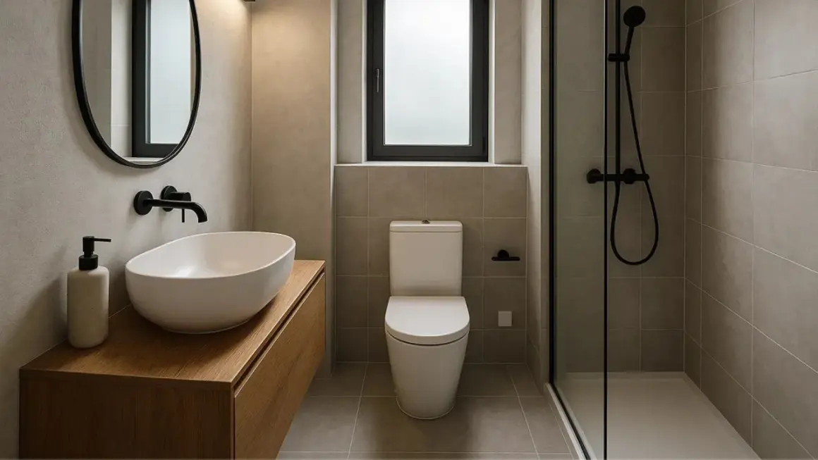 Bagno piccolo con gradino, lavabo ovale, specchio rotondo, doccia con piatto a filo pavimento e finestra opaca.