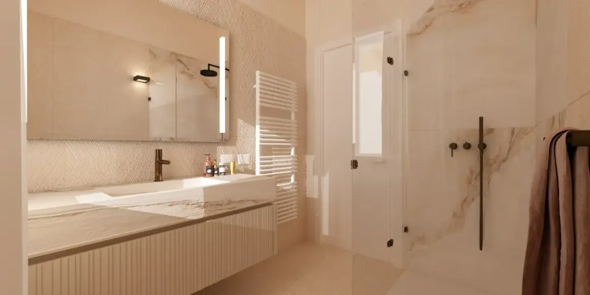 Un bagno elegante e raffinato con lavabo in marmo, specchio illuminato, doccia in cristallo e scaldasalviette.