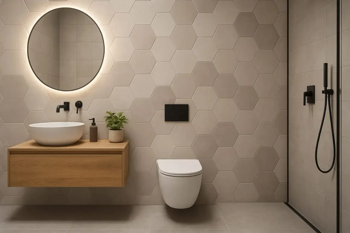 Bagno moderno con piastrelle esagonali beige, lavabo sospeso in legno e specchio rotondo illuminato. Idee bagno piastrelle per un look sofisticato.