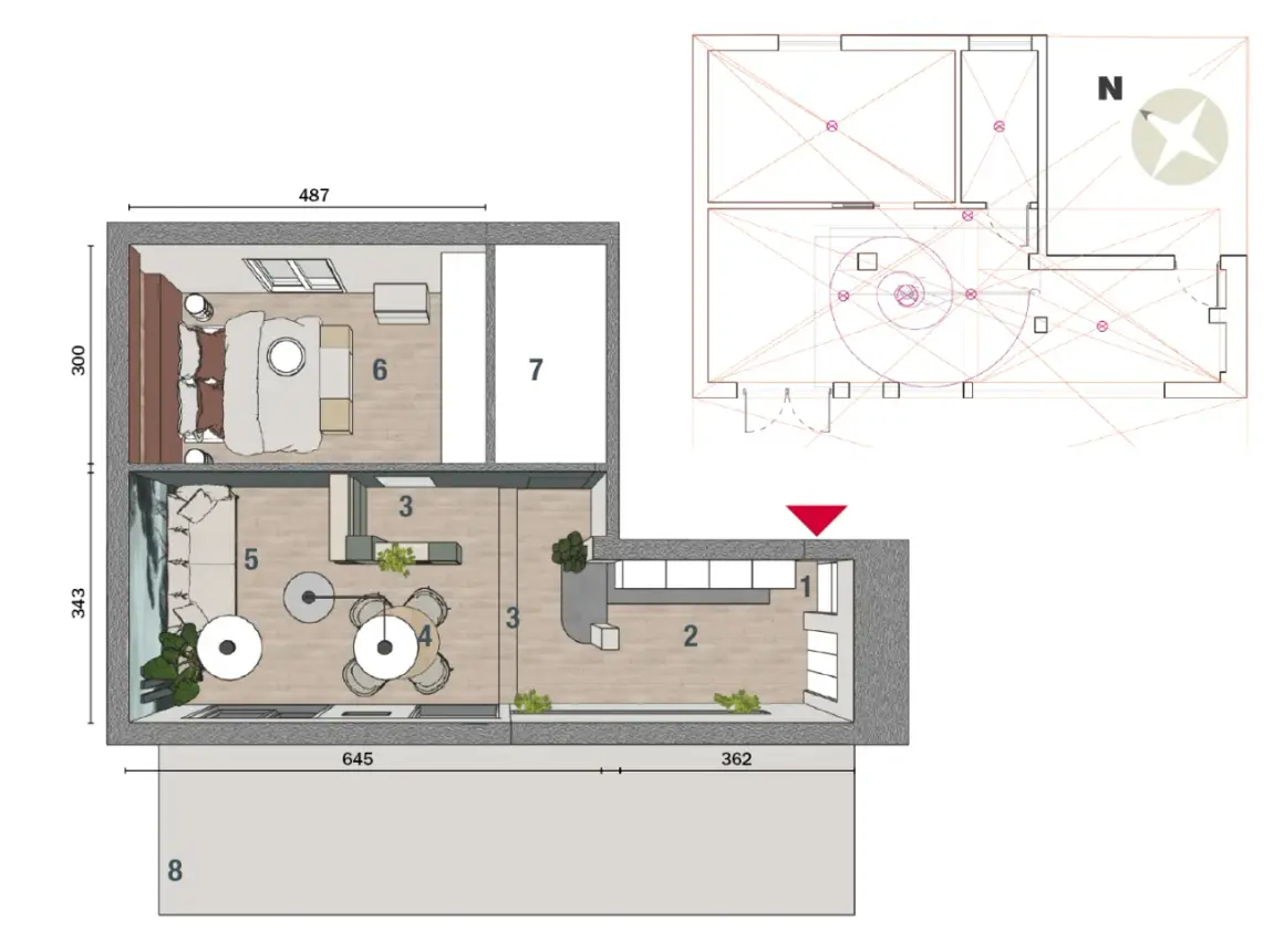 Planimetria casa 50 mq 2 camere: zona giorno con cucina a vista (1, 2), sala da pranzo (4), soggiorno (5), camera da letto (6) e altra camera (7).
