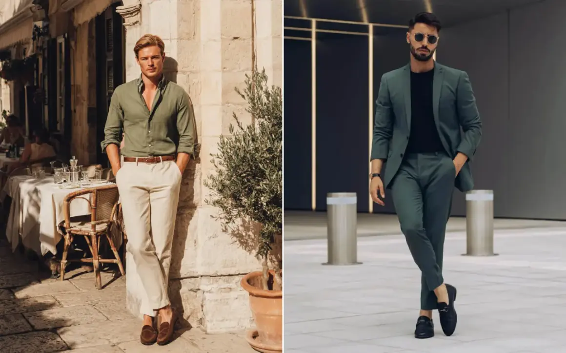 Uomo in camicia verde oliva e pantaloni chiari, e uomo in completo verde oliva. Eleganti abbinamenti.