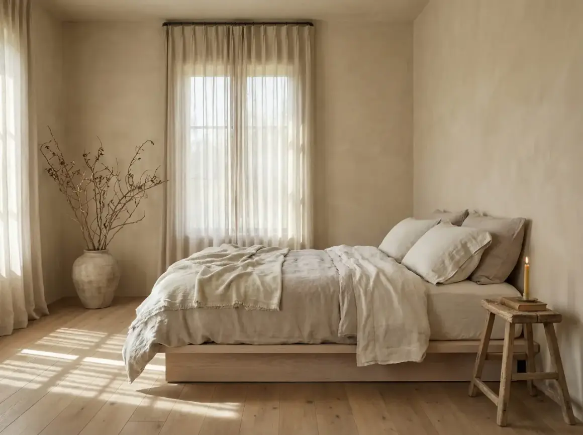 Camera da letto con pareti color sabbia e mobili chiari. Un letto con lenzuola di lino beige, un vaso con rami secchi e una candela accesa.