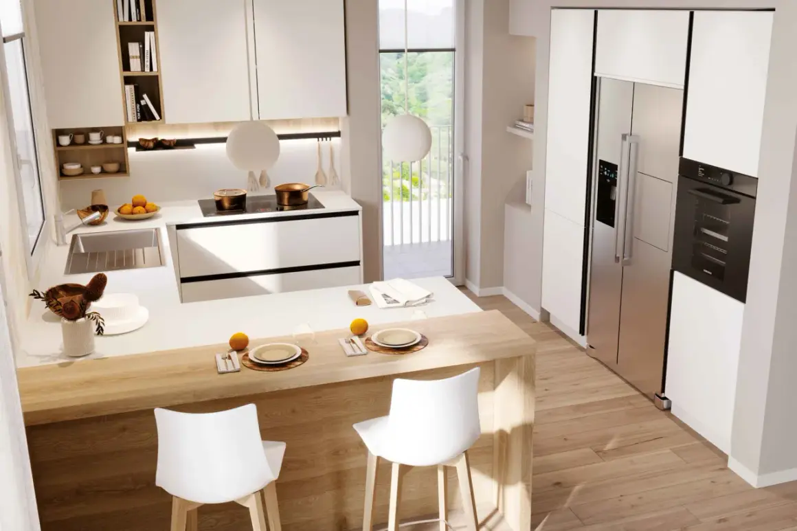 Cucina moderna con isola in legno, sgabelli bianchi e elettrodomestici integrati. Ottime idee cucina per un ambiente luminoso e funzionale.