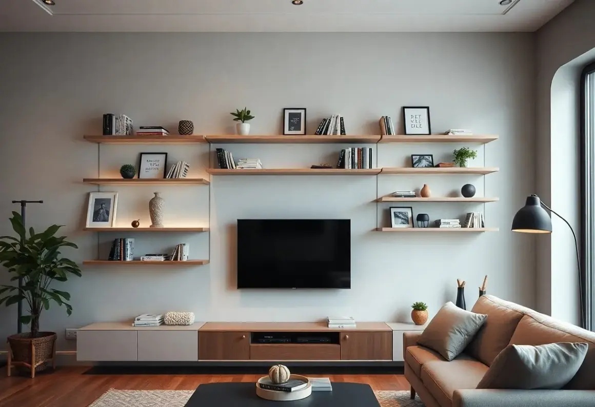 Soluzione moderna per arredare una parete con mensole: libri, vasi e piante creano un'atmosfera accogliente.