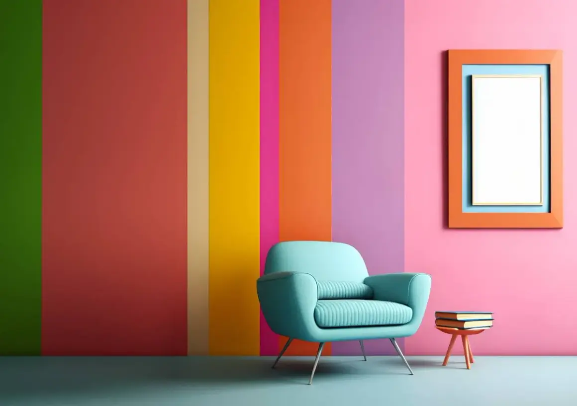 Poltrona azzurra su sfondo a strisce verticali con vivaci colori primaverili. Un quadro arancione e una pila di libri completano la scena.