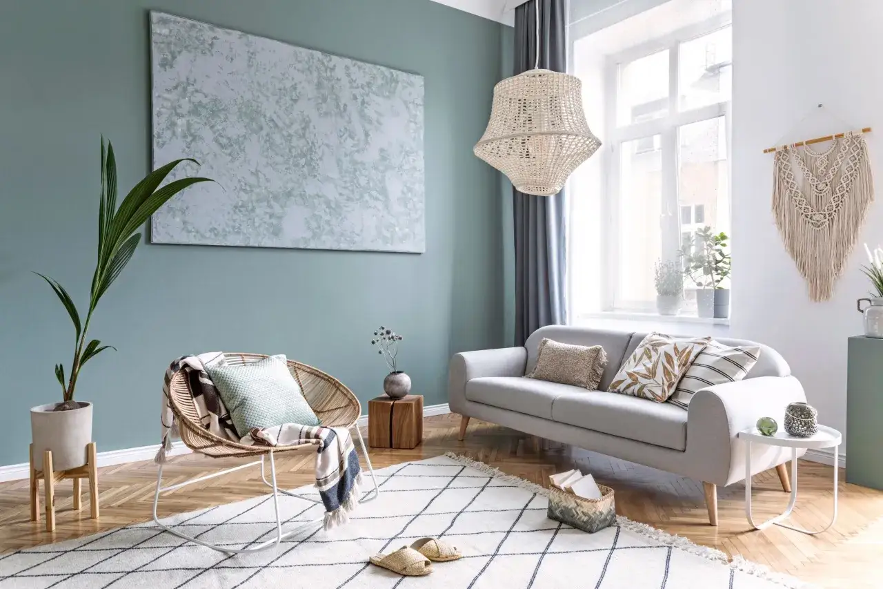 Un quadro astratto e un macram&egrave; decorano una parete spoglia, completando un salotto accogliente con poltrona in rattan e divano grigio.