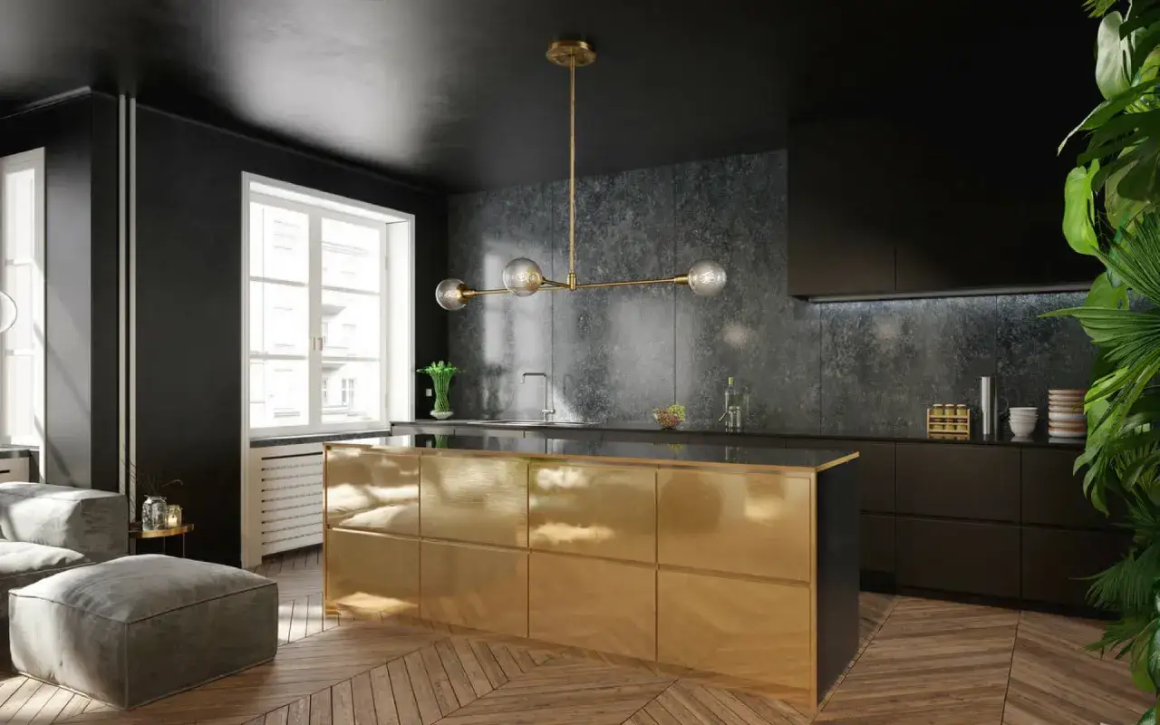 Cucina moderna con isola centrale dorata e mobili grigi. Grigio e oro stanno bene insieme, creando un ambiente elegante e sofisticato.