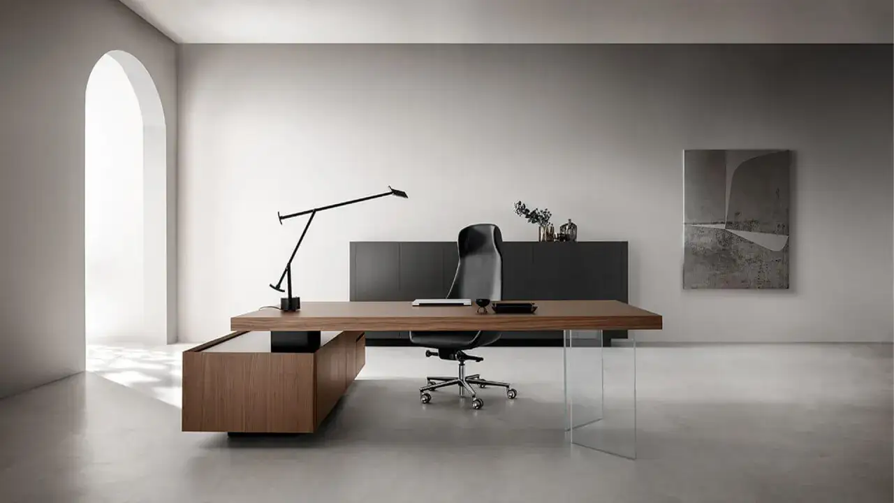 Scrivania moderna in legno con gambe in vetro, sedia ergonomica e lampada di design. Un esempio di eleganti idee arredamento ufficio.