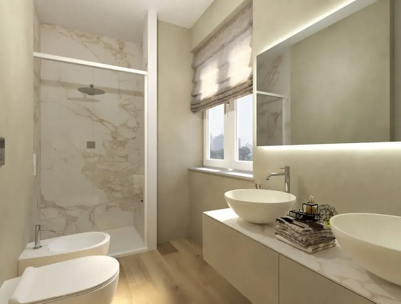 Bagno moderno con doccia in gres porcellanato effetto marmo, doppio lavabo e bidet. Idee bagno gres porcellanato per un look elegante.