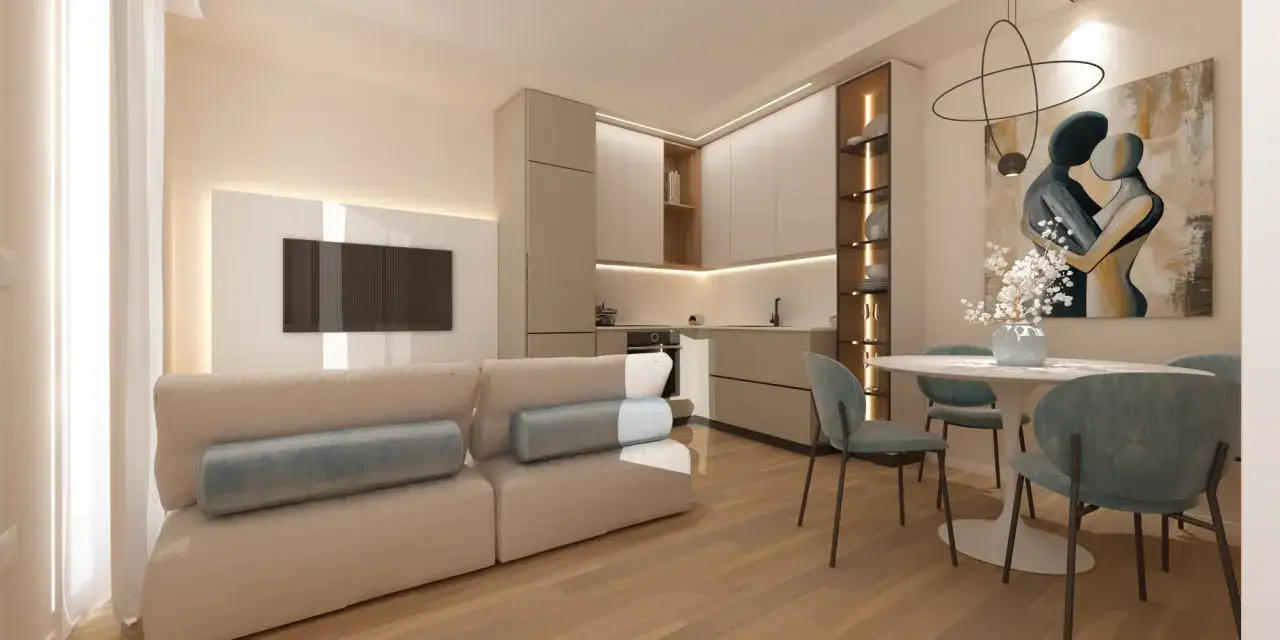 Soggiorno moderno con divano beige, cucina minimalista con pensili chiari e un tavolo rotondo. I colori resina cucina si integrano con l'arredo.