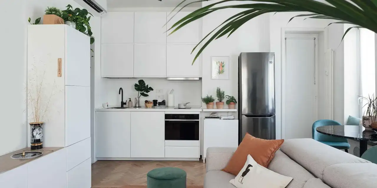 Cucina moderna e funzionale in mini appartamenti. Bianco, acciaio e piante creano un ambiente accogliente.