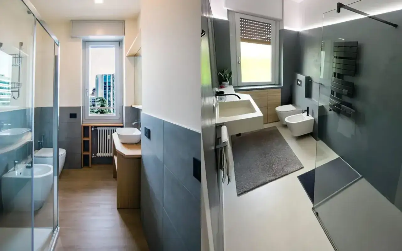 Bagno piccolo stretto con doccia in vetro, lavabo moderno e sanitari sospesi. Pareti grigie e finiture in legno creano un ambiente elegante.