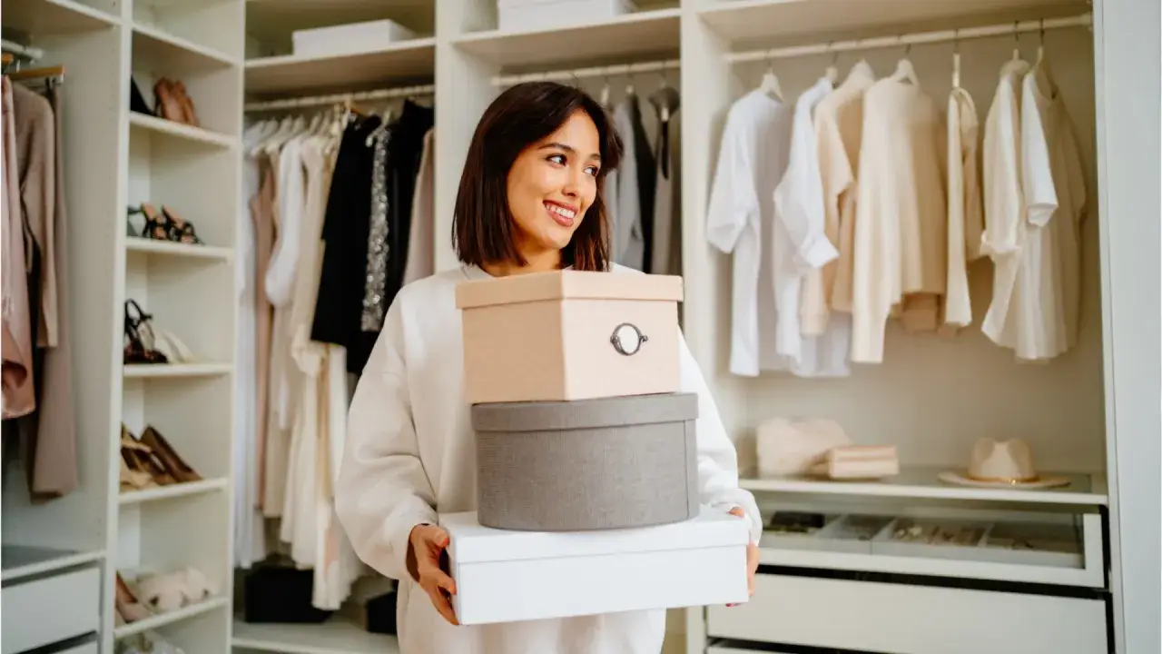 Donna sorridente con scatole in mano, pronta a fare decluttering nel suo armadio ordinato.