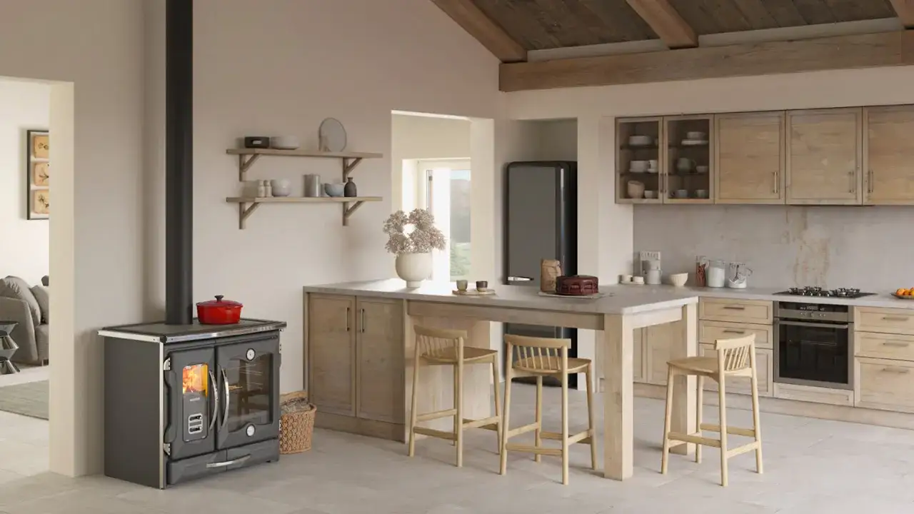 Accogliente cucina stile nordico con isola centrale, sgabelli in legno e stufa a legna.