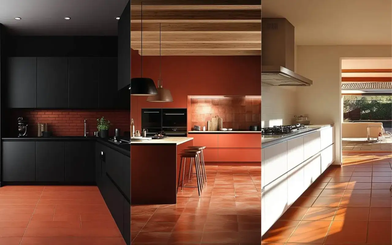 Tre cucine moderne con pavimenti in cotto: nero, arancio e bianco. Abbinamenti cucine con pavimento in cotto che creano atmosfere uniche.