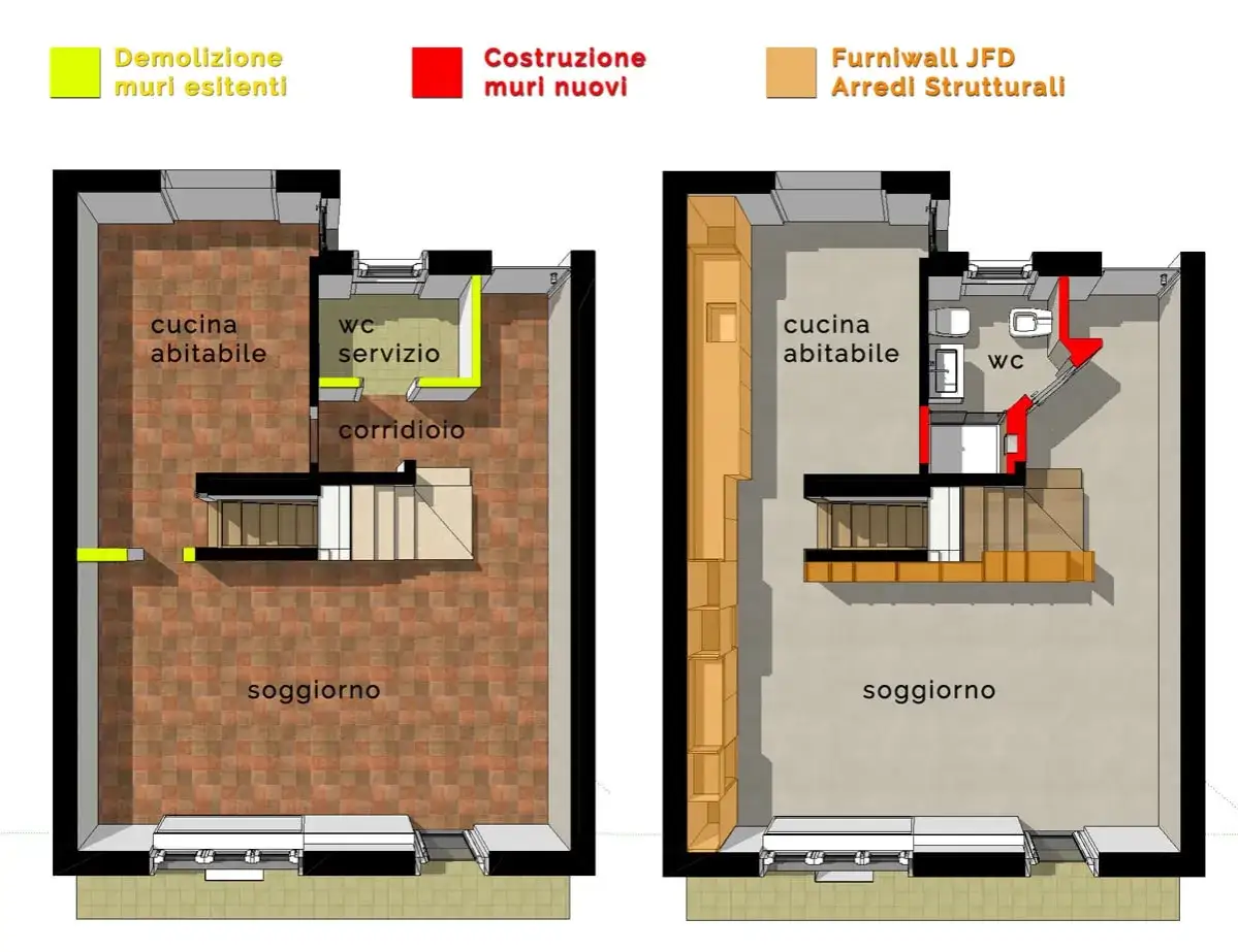 Progetti casa a due piani interno: demolizione e costruzione muri, arredi strutturali per cucina e soggiorno.