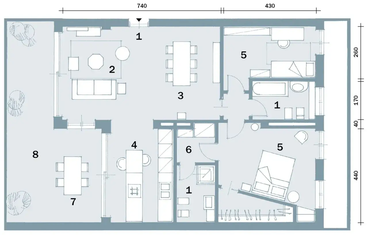 Planimetria di un progetto casa 100 mq un piano: soggiorno, sala da pranzo, cucina, 2 camere, bagno e ripostiglio.