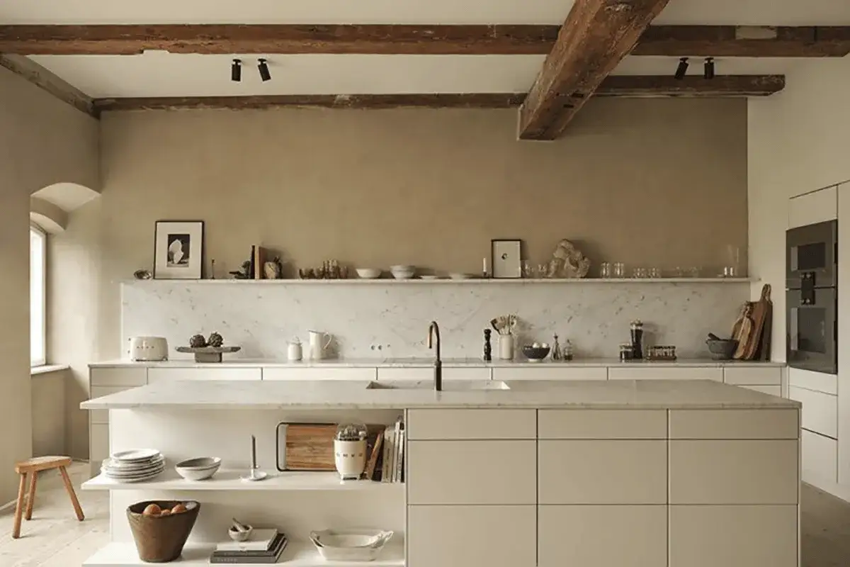 Cucina moderna con isola centrale e pareti color tortora. Marmo bianco per il piano di lavoro e il paraschizzi. Travi in legno a vista sul soffitto.