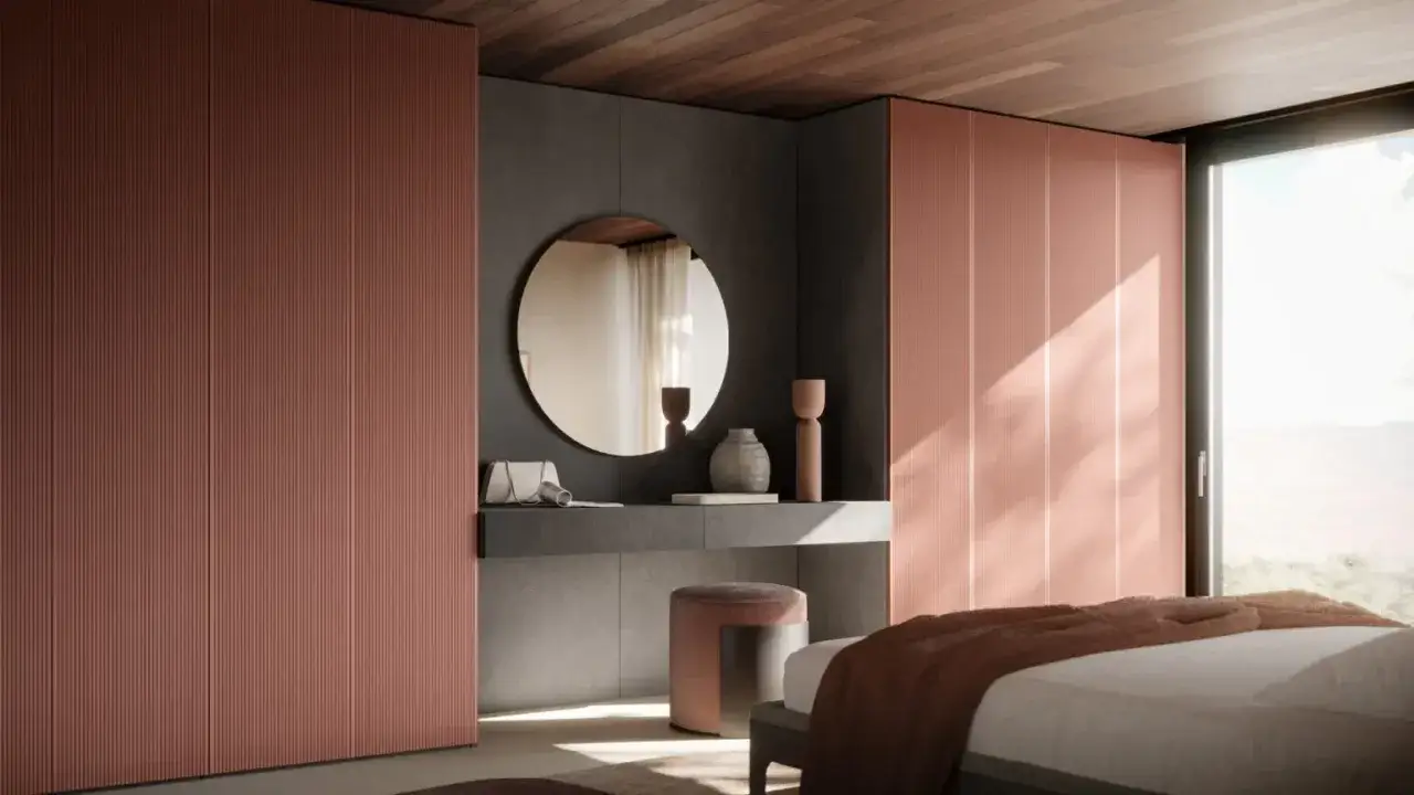 Eleganti idee postazione trucco con specchio rotondo, pouf e vani contenitori a muro in un ambiente moderno.