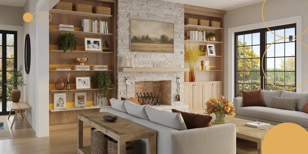 Arredare una parete con mensole in legno, piene di libri, piante e oggetti decorativi, crea un ambiente accogliente e funzionale.