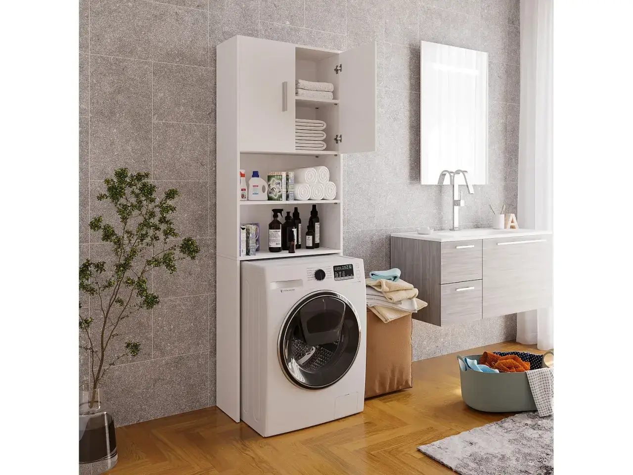 Bagno moderno con lavatrice, mobile contenitore con asciugamani e prodotti, lavabo e cesto per la biancheria.
