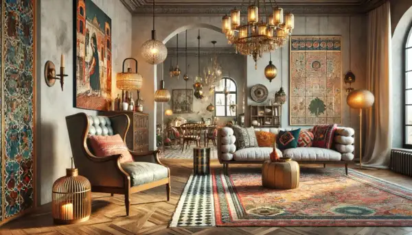 Un salotto con un accogliente stile eclettico casa, ricco di tappeti orientali, mobili d'epoca e lampade decorative.