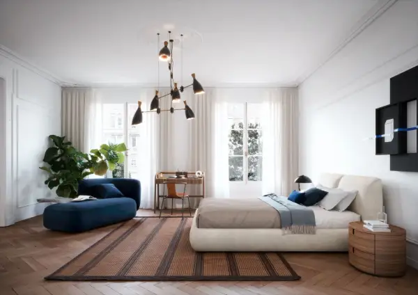 Elegante camera da letto con divanetto blu, letto moderno e scrivania. Idee originali per un ambiente sofisticato e accogliente.