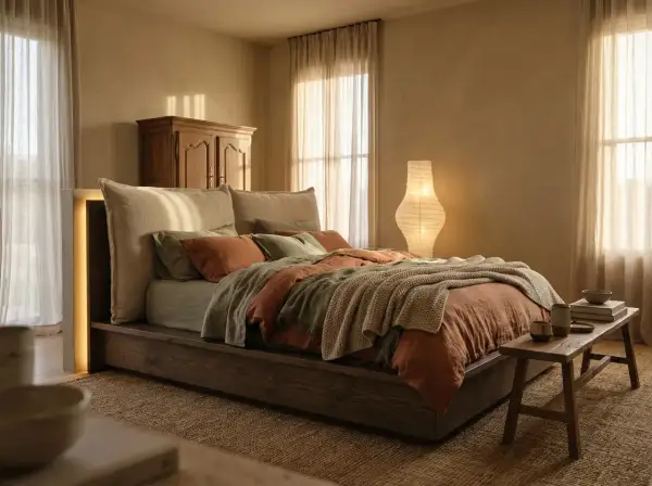 Camera da letto mix antico e moderno: letto basso in legno scuro, testiera imbottita, lenzuola color terra e verde salvia, coperta in maglia, armadio antico, lampada di carta.