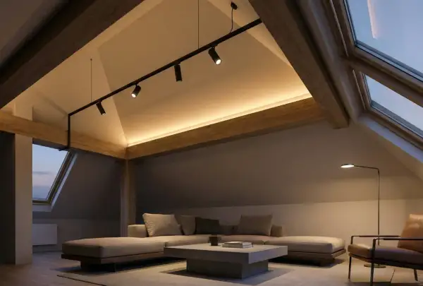 Illuminazione mansarda con tetto spiovente, travi a vista e faretti moderni. Accogliente salotto con divano angolare e poltrona in pelle.