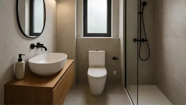 Bagno piccolo con gradino, lavabo ovale, specchio rotondo, doccia con piatto a filo pavimento e finestra opaca.