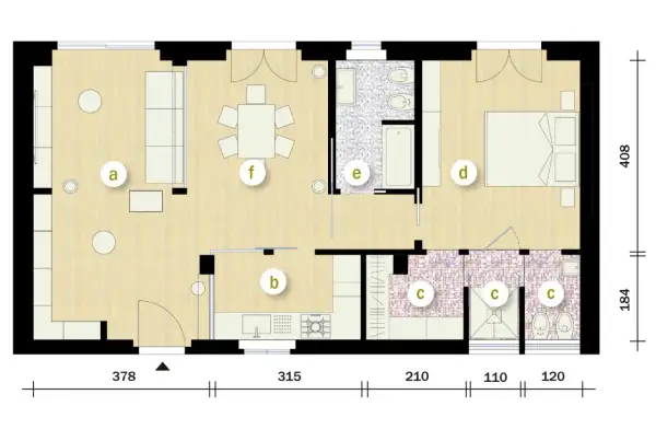 Pianta di un progetto casa 70 mq rettangolare: soggiorno (a), cucina (b), bagni (c), camera da letto (d), bagno con vasca (e), zona pranzo (f).