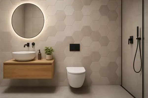 Bagno moderno con piastrelle esagonali beige, lavabo sospeso in legno e specchio rotondo illuminato. Idee bagno piastrelle per un look sofisticato.