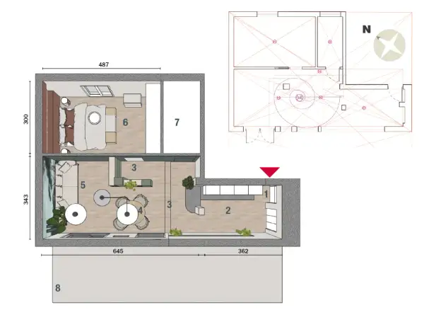 Planimetria casa 50 mq 2 camere: zona giorno con cucina a vista (1, 2), sala da pranzo (4), soggiorno (5), camera da letto (6) e altra camera (7).