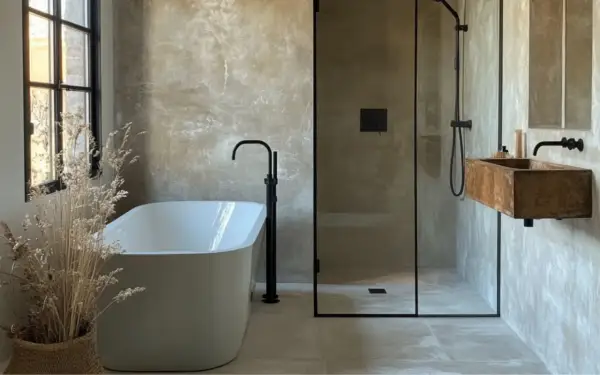 Bagno moderno con vasca freestanding, doccia walk-in e lavabo in legno grezzo. Pareti effetto resina e dettagli neri.