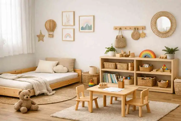 Cameretta con letto basso, tavolino e sedie in legno, scaffali con giochi e decorazioni naturali. Idee cameretta Montessori per un ambiente sereno e stimolante.