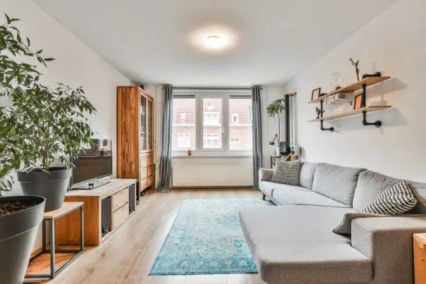 Soggiorno moderno con divano angolare grigio, tappeto blu, mobile TV in legno e libreria. Idee per come dividere casa 100 mq.