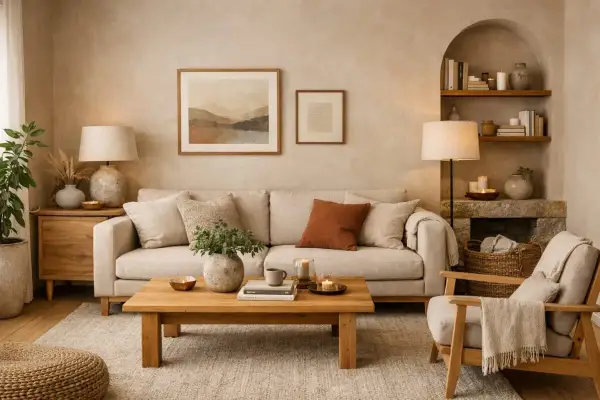 Un salotto accogliente con divano beige, tavolino in legno e quadri alle pareti. I **colori caldi** dominano, creando un'atmosfera rilassante.