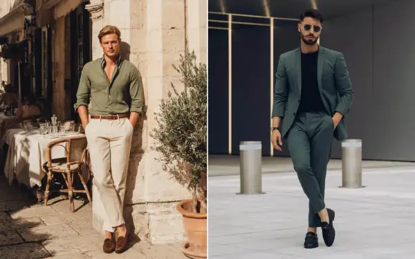 Uomo in camicia verde oliva e pantaloni chiari, e uomo in completo verde oliva. Eleganti abbinamenti.