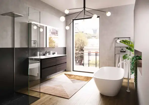 Bagno moderno con vasca freestanding, doppio lavabo e doccia walk-in. Il tappeto geometrico e le tonalità neutre creano un'atmosfera di colore bagno rilassante.