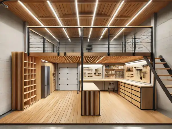 Moderna officina con soppalco in legno, illuminazione a LED e pareti attrezzate. Ottime idee per soppalco in legno funzionale e di design.