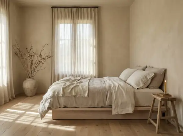 Camera da letto con pareti color sabbia e mobili chiari. Un letto con lenzuola di lino beige, un vaso con rami secchi e una candela accesa.