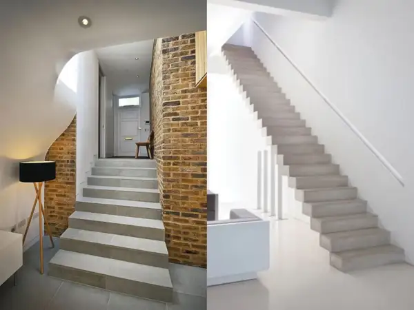 Moderne scale interne in cemento e mattoni, eleganti soluzioni per chiudere scale interne con stile.