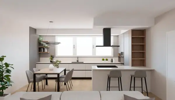 Elegante cucina open space con isola, bancone snack, tavolo da pranzo e cappa nera.